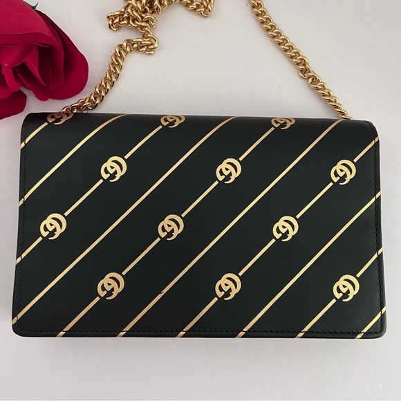 Authentic Gucci Black/Gold GG Diagonal Striped Wallet on Chain - Two Way - Picture 11 of 16